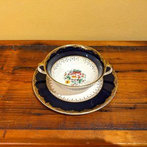 Vintage Johnson Brothers Pareek Double Handled Cup Saucer Cobalt Gold Floral